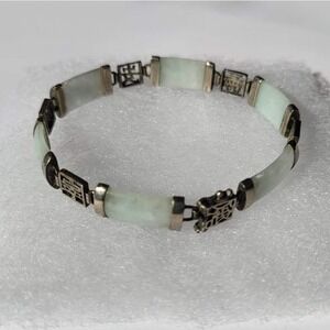 Sterling Silver Green Jade Link Bracelet Vintage